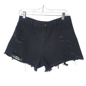Women's Black High-Waisted Distressed Denim Shorts With Raw Hem Streetwear